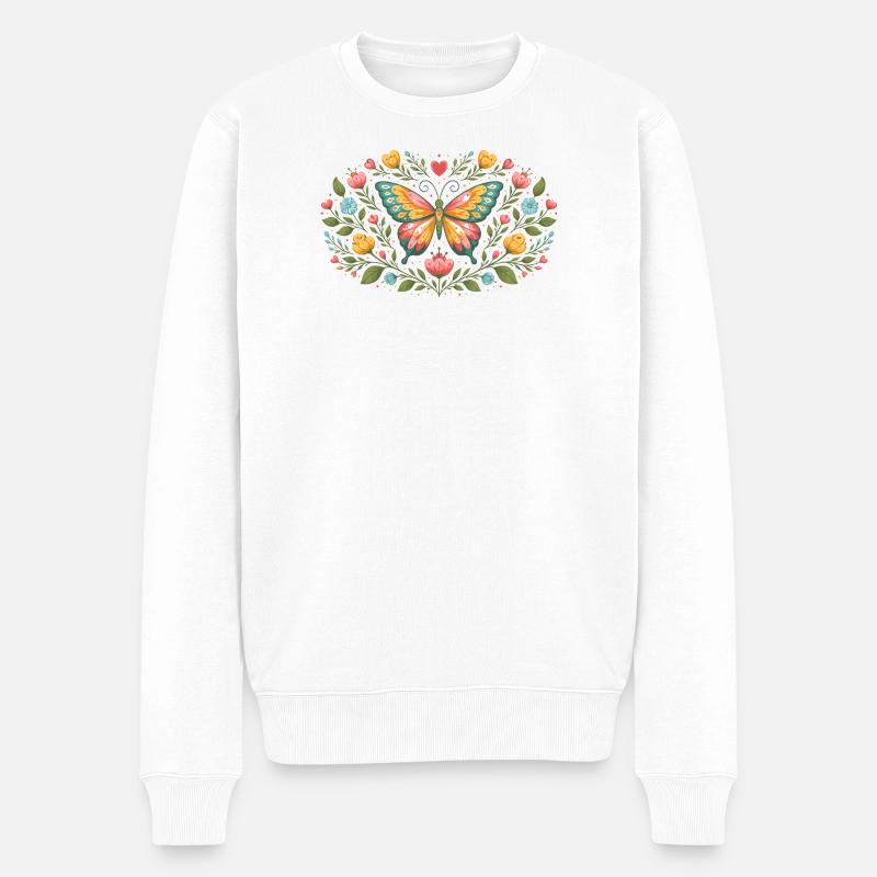 Frühlingsschmetterling mit Blumenornament  - Männer Premium Bio Pullover - Weiß