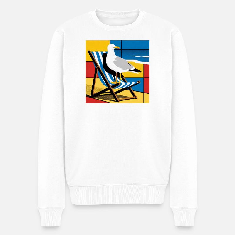 Seemöwe auf Strandstuhl Popkunst - Männer Premium Bio Pullover - Weiß