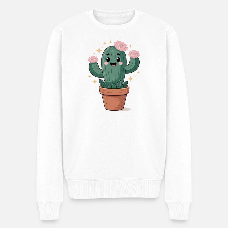Lustiger Kaktus im Topf mit Blüten - Männer Premium Bio Pullover - Weiß