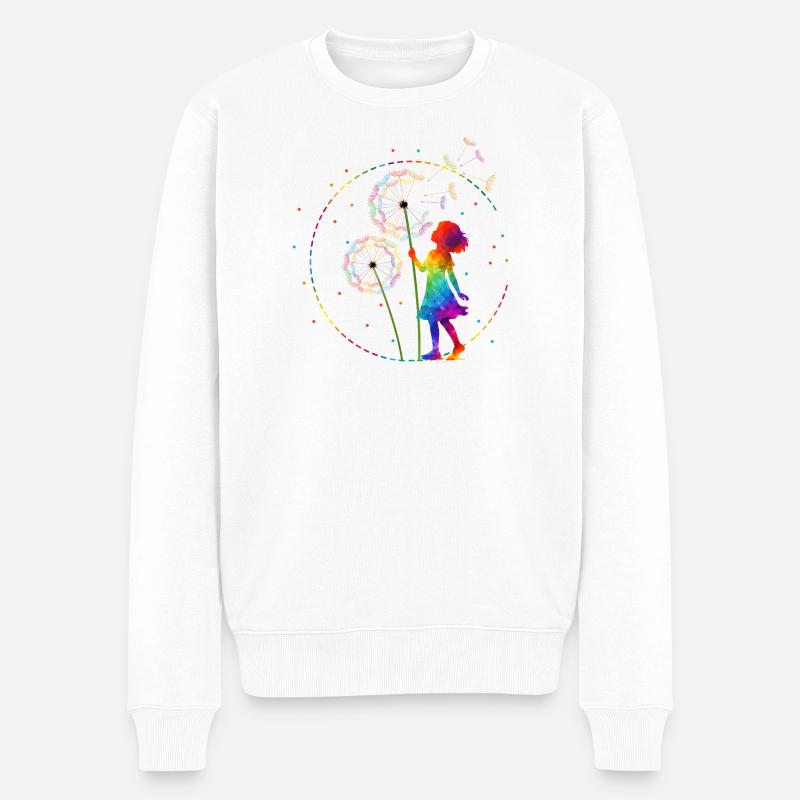 Regenbogen Mädchen mit Pusteblume - Männer Premium Bio Pullover - Weiß