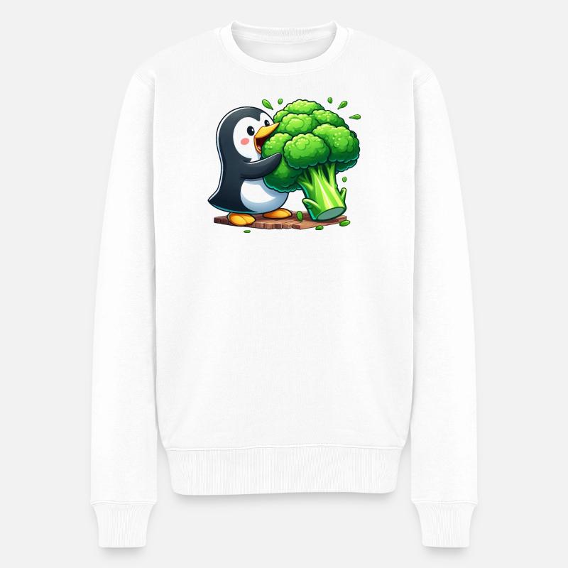 Süßer Pinguin mit Brokkoli Gemüse Vegan Cartoon - Männer Premium Bio Pullover - Weiß