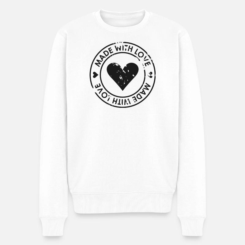 Mit Liebe angefertigtes Herz-Stempel - Männer Premium Bio Pullover - Weiß