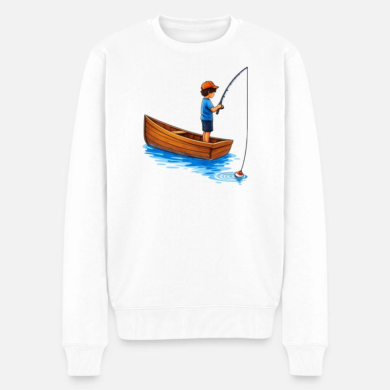 Junge beim Angeln im Boot Illustration  - Männer Premium Bio Pullover - Weiß