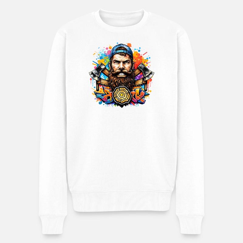 Graffiti Holzfäller mit Doppelaxt  - Männer Premium Bio Pullover - Weiß