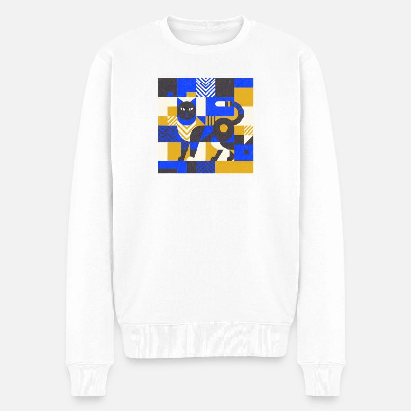 Katz-Mosaik in Blau-Gold - Männer Premium Bio Pullover - Weiß