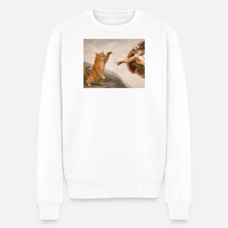Katzengott-Schöpfungsmeme Lustige Michelangelo-Parodie - Männer Premium Bio Pullover - Weiß
