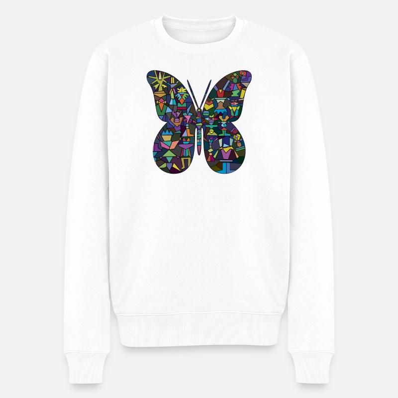 Bunter Mosaik-Schmetterling - Männer Premium Bio Pullover - Weiß