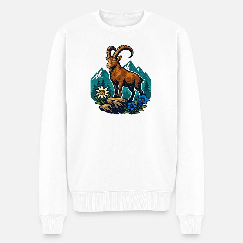 Steinbock auf Bergwiese - Männer Premium Bio Pullover - Weiß