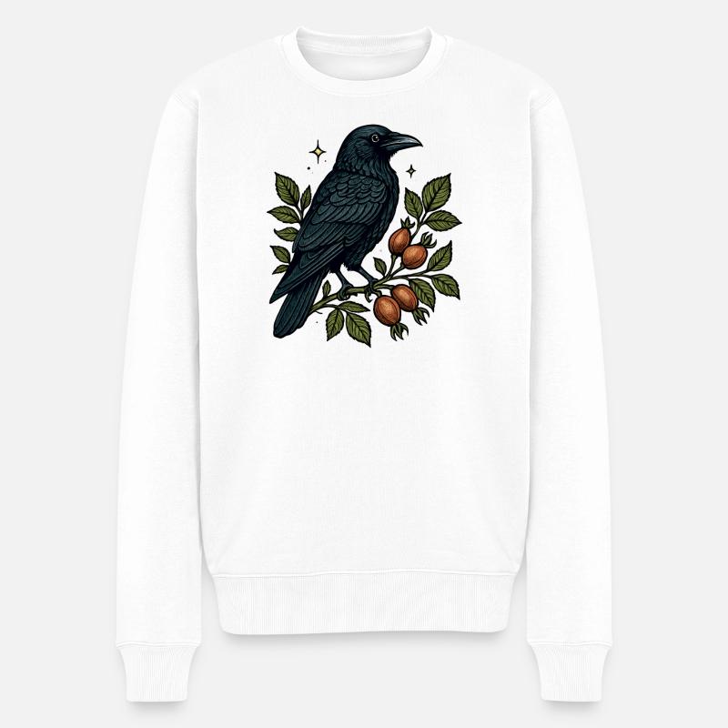 Nachtkrähe auf Beerenranke - Männer Premium Bio Pullover - Weiß
