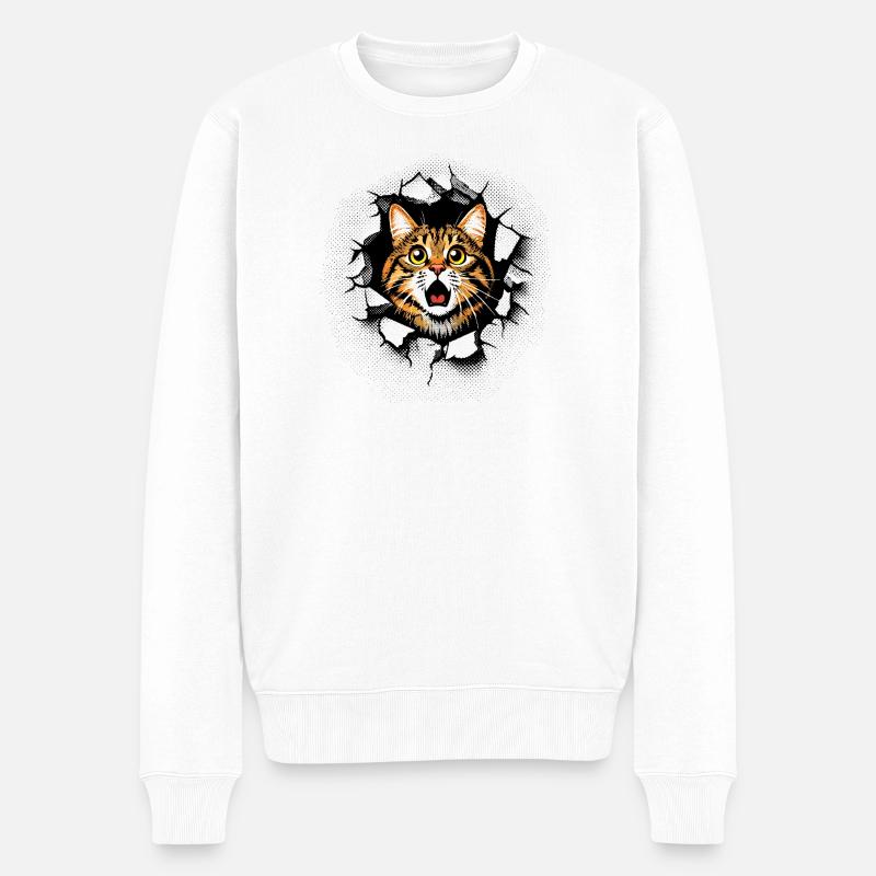 Katze Kopf Mauer Loch Risse Durchbruch - Männer Premium Bio Pullover - Weiß
