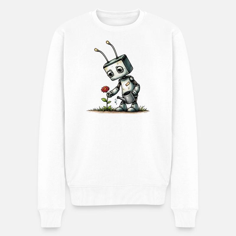 Roboter gießt eine Blume  - Männer Premium Bio Pullover - Weiß