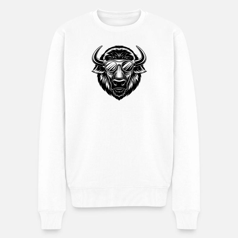 Bisonkopf mit Sonnenbrille - Männer Premium Bio Pullover - Weiß