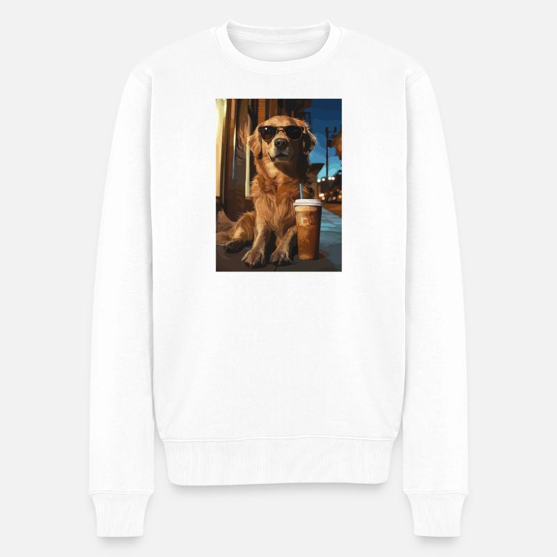 Golden Retriever avec café glacé - Pull Premium bio Homme - blanc