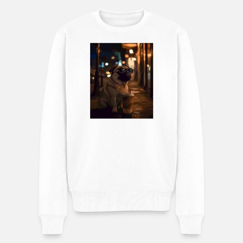 Mops mit Sonnenbrille und Eiskaffee - Männer Premium Bio Pullover - Weiß