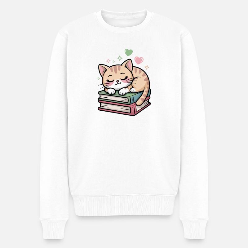 Schlafendes Kätzchen auf Büchern - Männer Premium Bio Pullover - Weiß