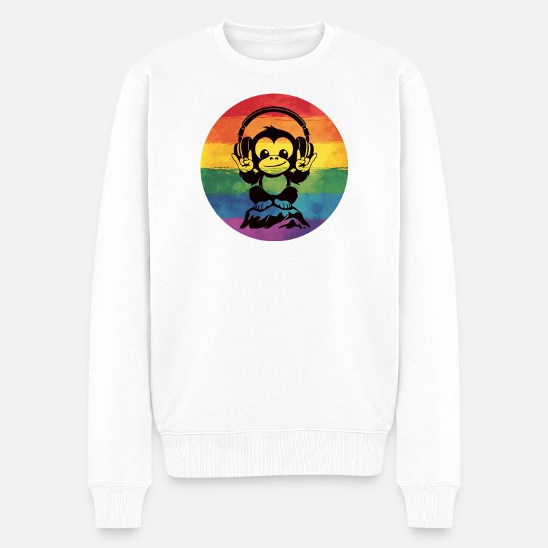 Regenbogen DJ Affe – Kopfhörer Rockhandzeichen - Männer Premium Bio Pullover - Weiß