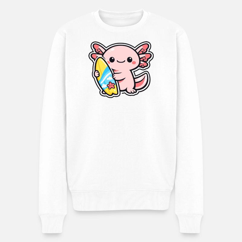 Kawaii Axolotl mit Surfbrett - Männer Premium Bio Pullover - Weiß