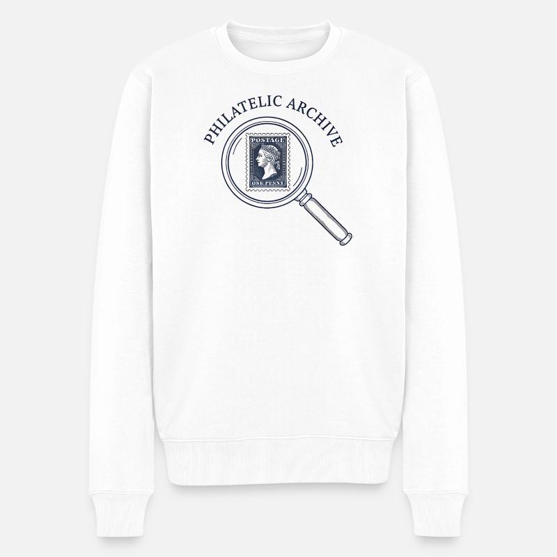 Briefmarkenarchiv Emblem-Vergrößerung - Männer Premium Bio Pullover - Weiß