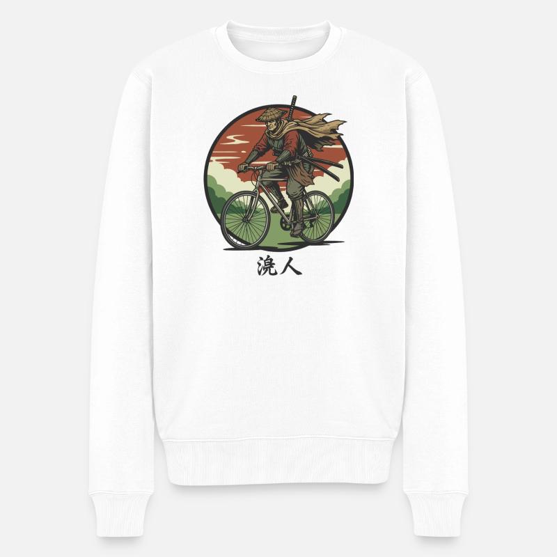 Samurai-Fahrer auf dem Fahrrad - Männer Premium Bio Pullover - Weiß