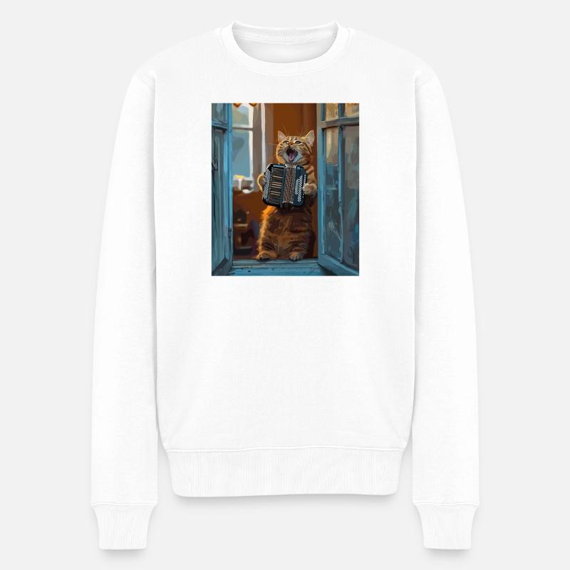 Fensterkatze mit Akkordeon - Männer Premium Bio Pullover - Weiß