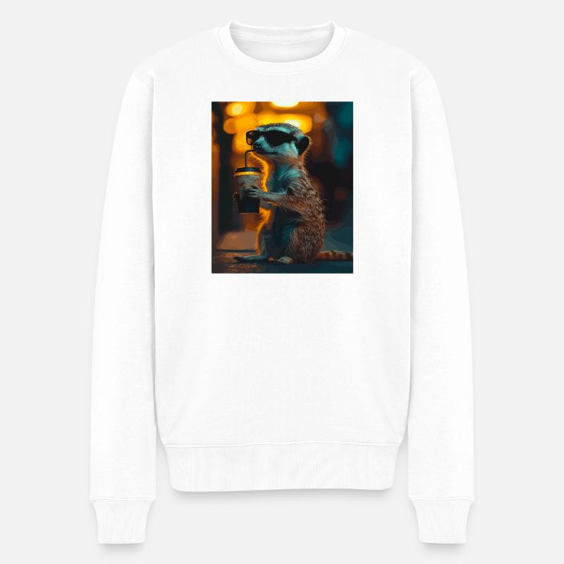 Meerkat mit Kaffee im Neonlicht - Männer Premium Bio Pullover - Weiß