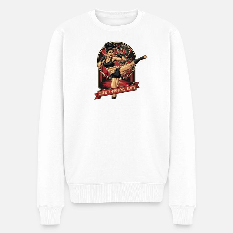 Kampfkunstheldin mit Drache - Männer Premium Bio Pullover - Weiß