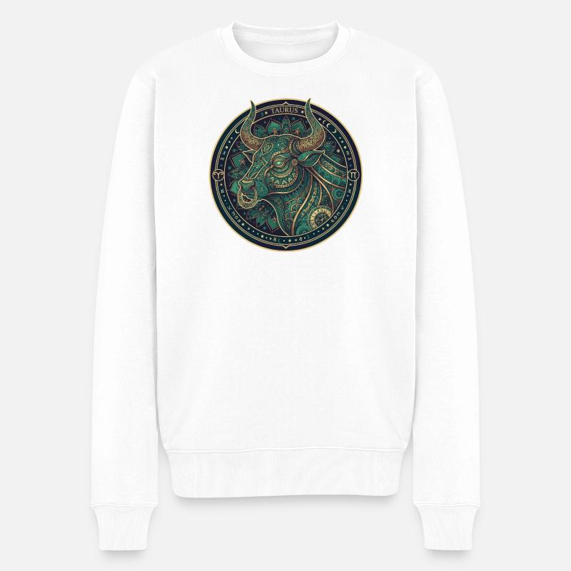 Stier Mandala Teal-Gold Kreis - Männer Premium Bio Pullover - Weiß