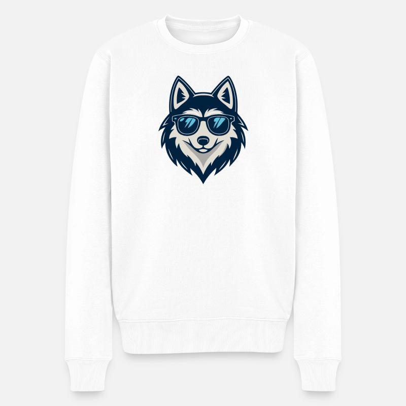 Wolf in der Sonne mit Brille - Männer Premium Bio Pullover - Weiß