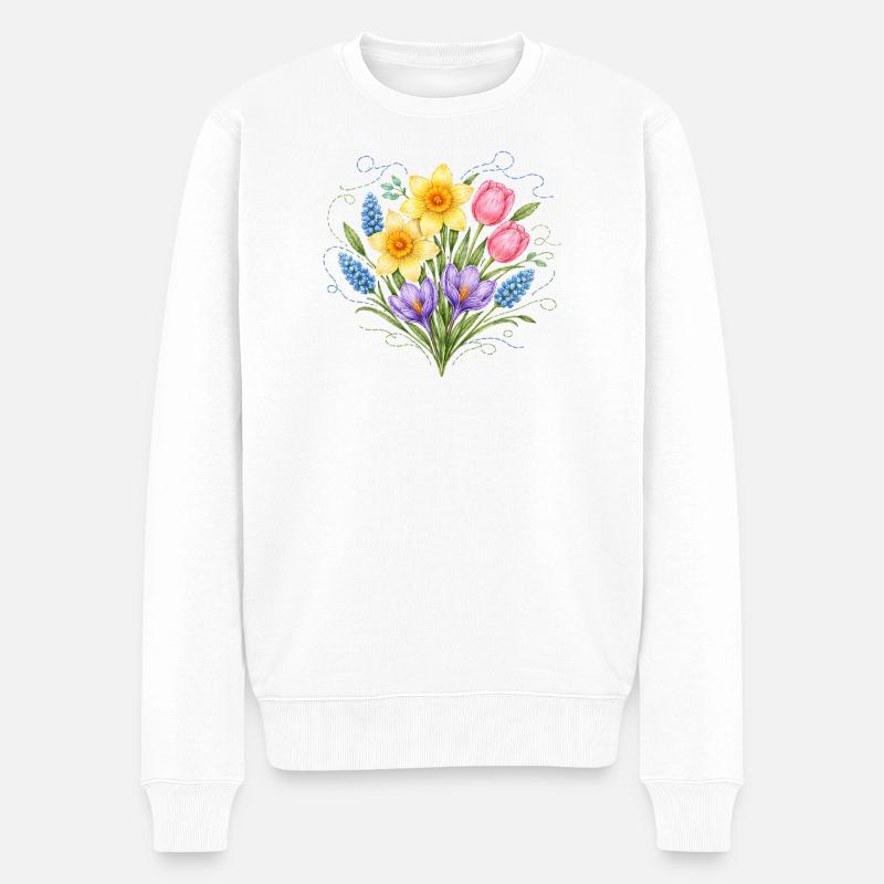 Fleurs de printemps dans un style broderie - Pull Premium bio Homme - blanc