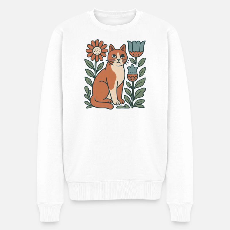 Chat Jardin Fleurs Ami Chat - Pull Premium bio Homme - blanc