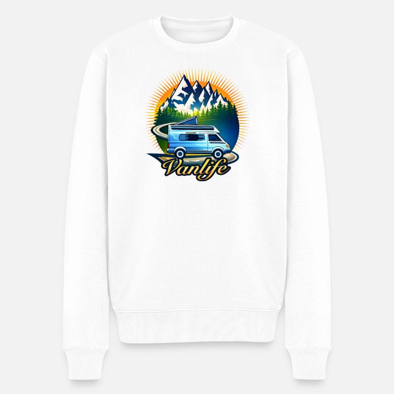 Vanlife Camper Illustration Bergmotiv  - Männer Premium Bio Pullover - Weiß