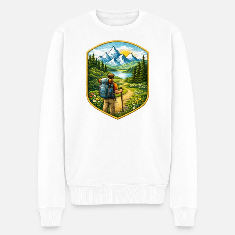 Wanderer Patch mit Berglandschaft  - Männer Premium Bio Pullover - Weiß