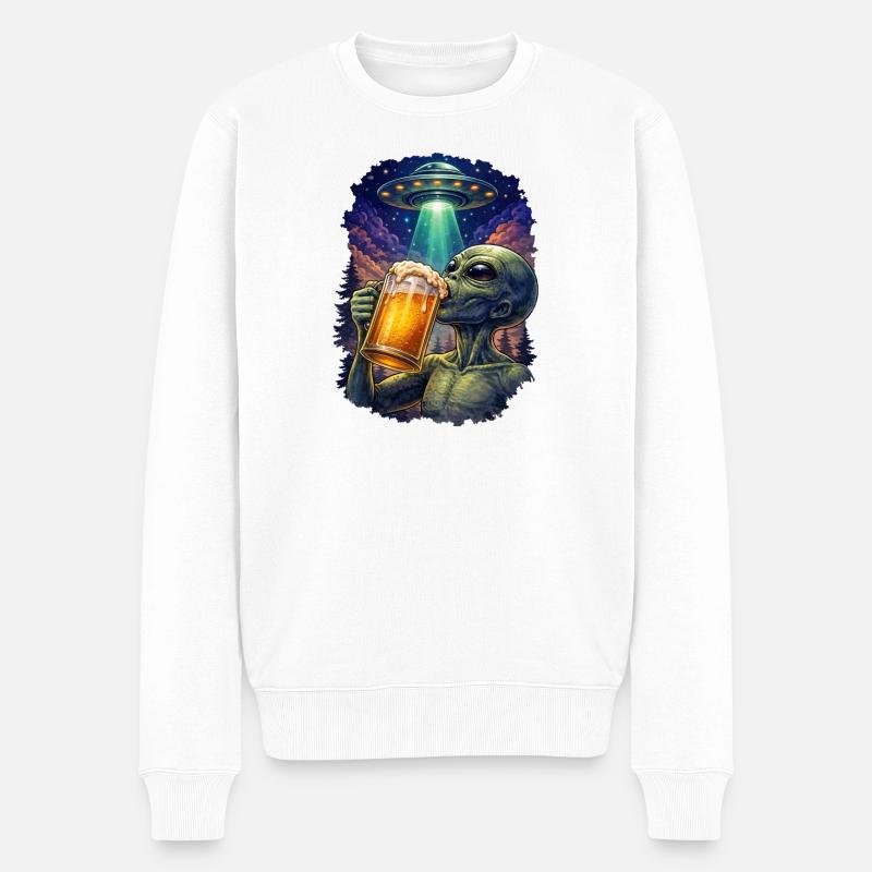 Alien Drinking Beer UFO - Männer Premium Bio Pullover - Weiß