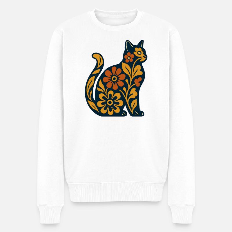 Blütenkatze auf Nachtblau - Männer Premium Bio Pullover - Weiß