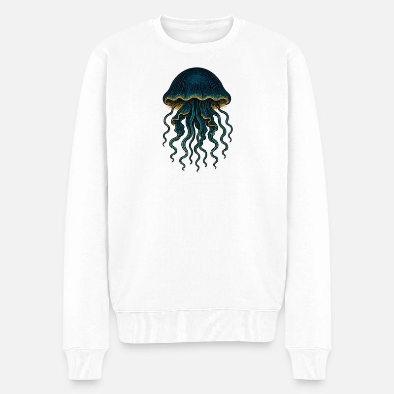 Tiefseequallen Neon Blau Kunst - Männer Premium Bio Pullover - Weiß