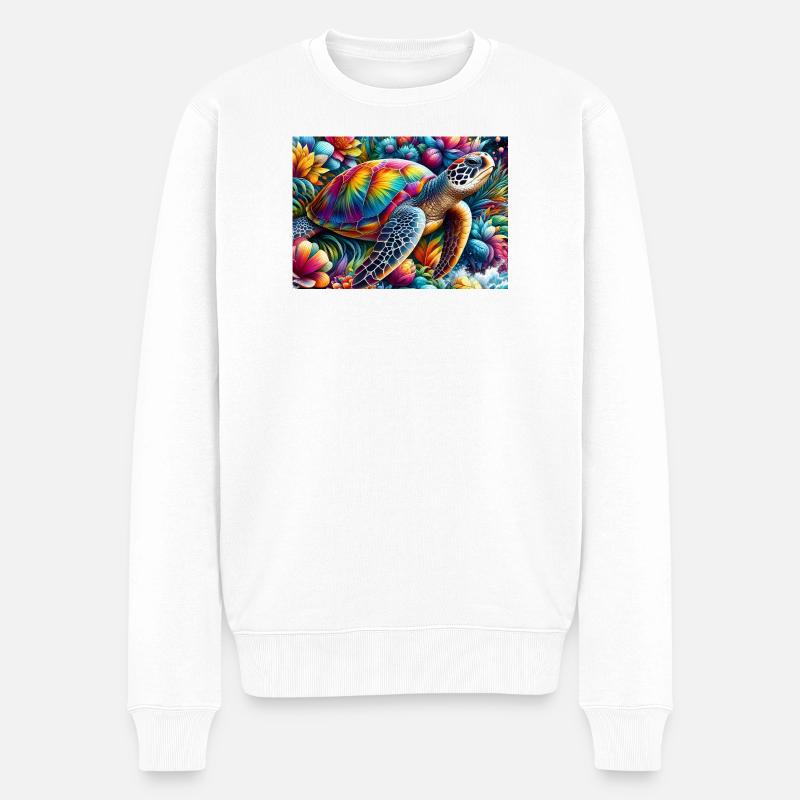 Tortue tropicale arcenciel sur fleurs - Pull Premium bio Homme - blanc