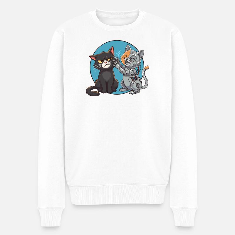 Neugierige Katze und Roboter - Männer Premium Bio Pullover - Weiß