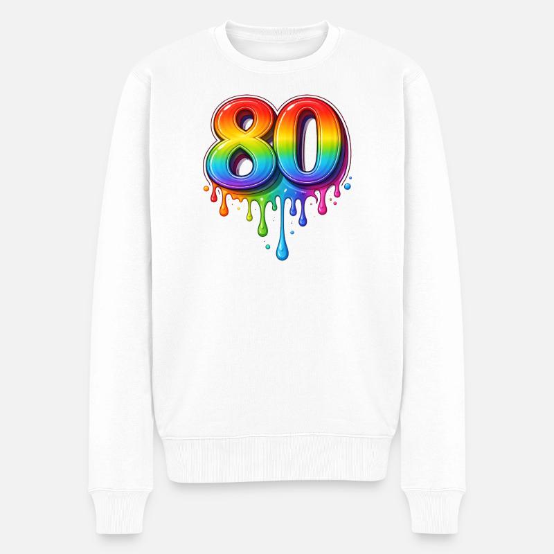 80 Regenbogen Retro Zahl   - Männer Premium Bio Pullover - Weiß