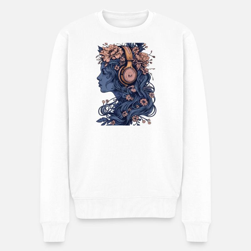 Frau mit Kopfhörer blau - Männer Premium Bio Pullover - Weiß