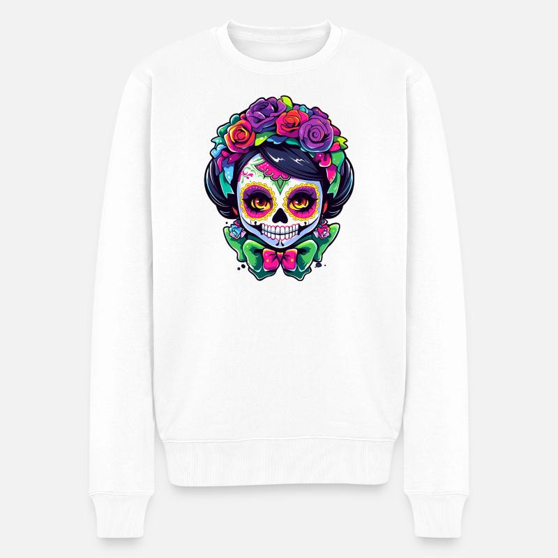Sugar Skull Blumenkronen Art - Männer Premium Bio Pullover - Weiß