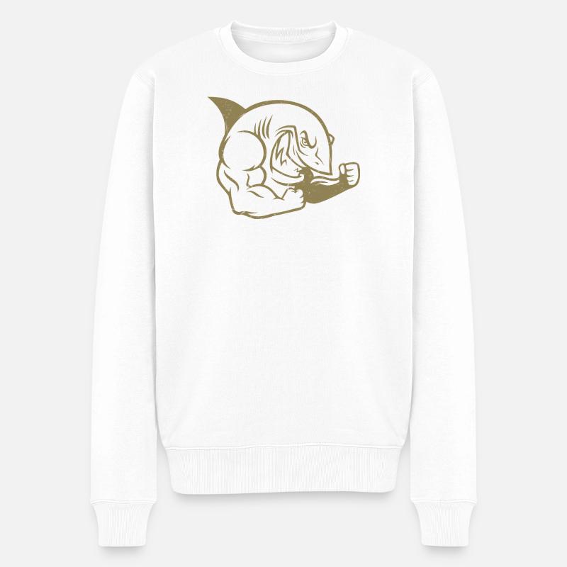 Silhouette d’entraînement musclé de bodybuilder requin - Pull Premium bio Homme - blanc