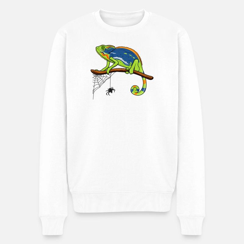 Chamäleon auf Ast mit Spinnennetz - Männer Premium Bio Pullover - Weiß