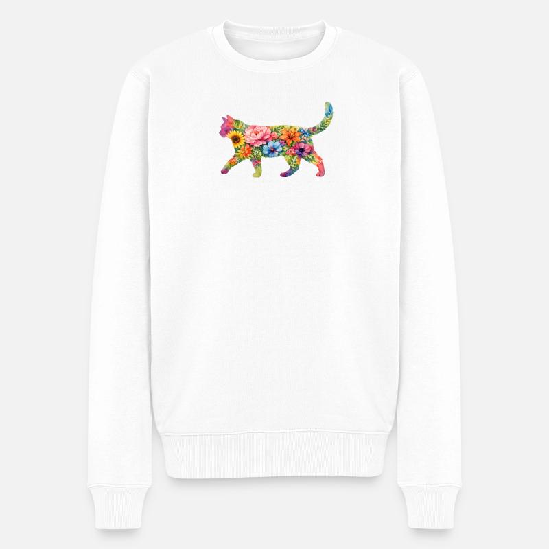 Katze Silhouette Blumen Bunt - Männer Premium Bio Pullover - Weiß