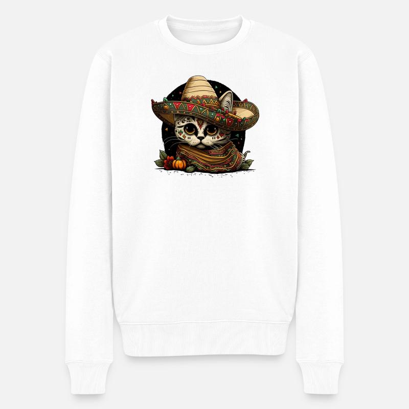Zuckerschädelkatze im mexikanischen Sombrero - Männer Premium Bio Pullover - Weiß