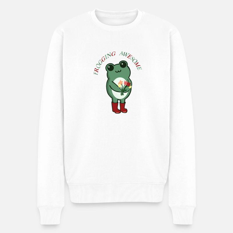 Frogging Awesome – Süßer Frosch mit Blumen - Männer Premium Bio Pullover - Weiß
