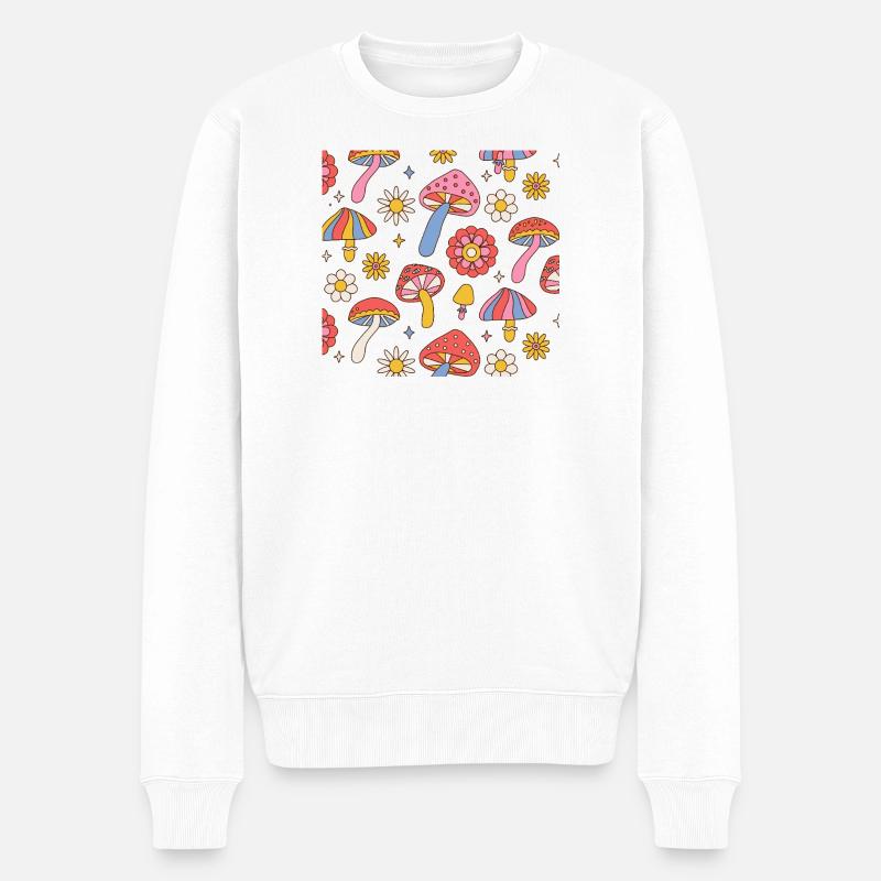 Retro Mushroom Flower Pattern 70s Design - Männer Premium Bio Pullover - Weiß