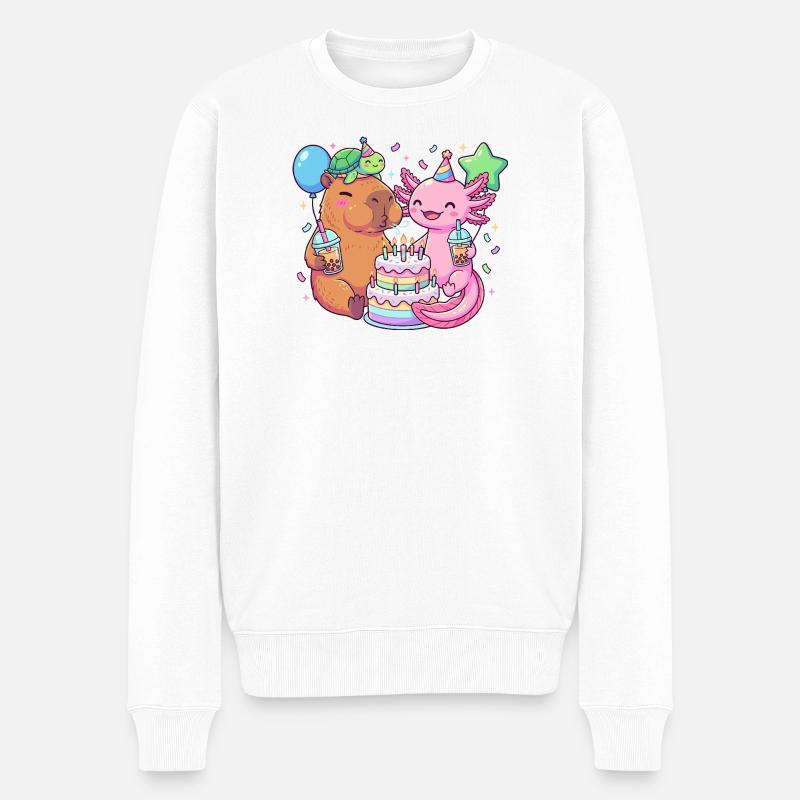 Fête d’anniversaire de gâteau de la tortue axolotl capybara - Pull Premium bio Homme - blanc