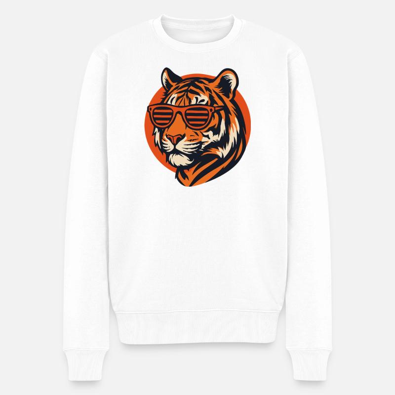 Tiger mit Retro Sonnenbrille - Männer Premium Bio Pullover - Weiß