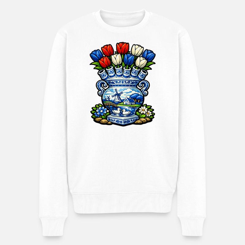 Delfter Vasen-Tulpen und Windmühle - Männer Premium Bio Pullover - Weiß