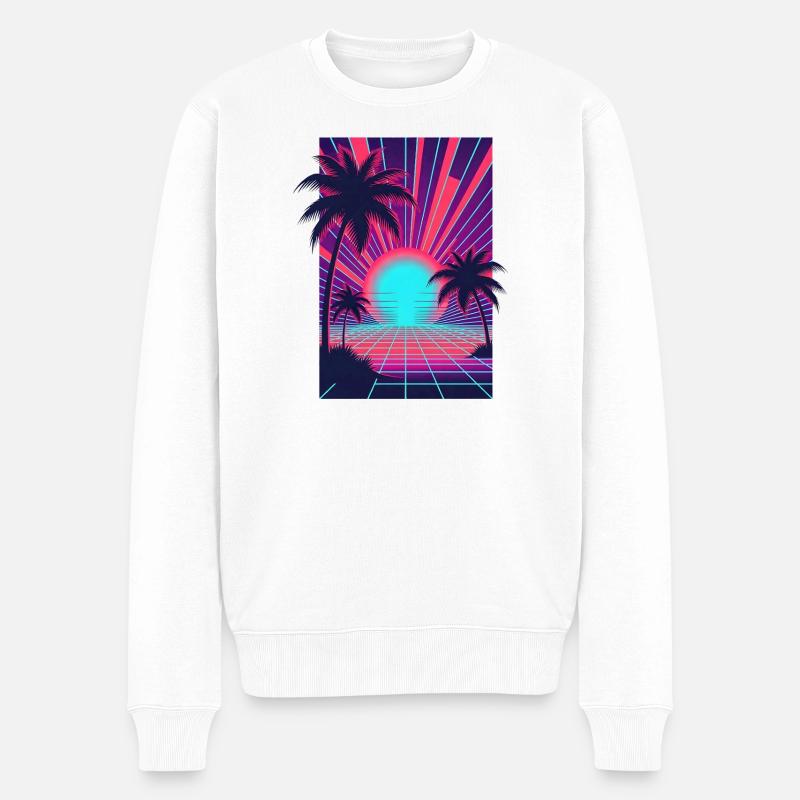 Neon-Sonnenuntergang am Palmenstrand - Männer Premium Bio Pullover - Weiß